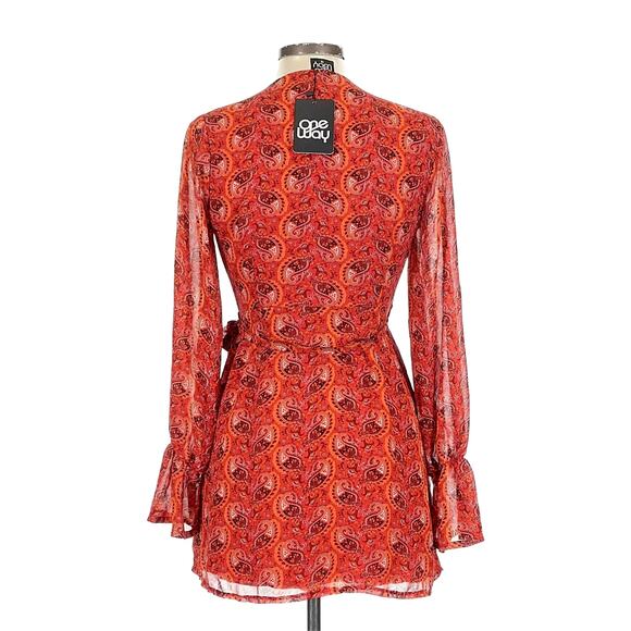 One Way Wrap Around Paisley Mini Dress Long Sleeves Red/Orange 12 - Picture 8 of 13